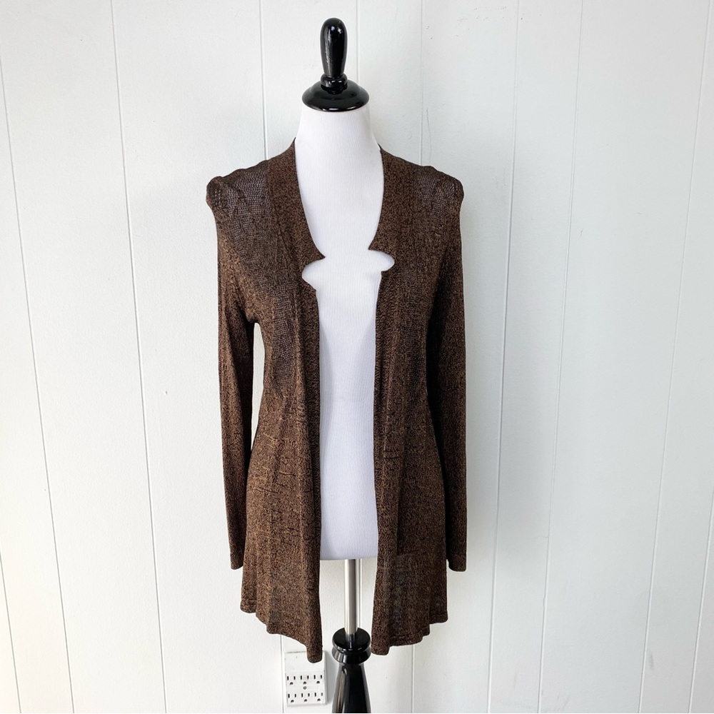 Nic + Zoe Open Knit Cardigan Sweater Sz MP Brow Black Silk Blend‎ Long Open Knit